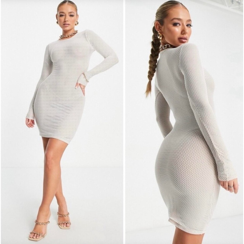 NAKED WARDROBE Mini Dress White Mesh Long Sleeve Bodycon Women's Size Small